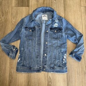 HOLLISTER Women's Distressed Destroyed Denim Trucker Jean Jacket Size Medium‎ M